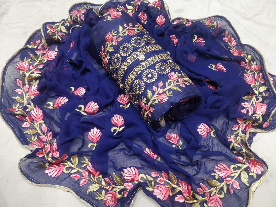 Chanderi Exclusive Designer Embroidered Dress Material With Najmin Embroidery Worked Four Sided Bordered Dupatta 
